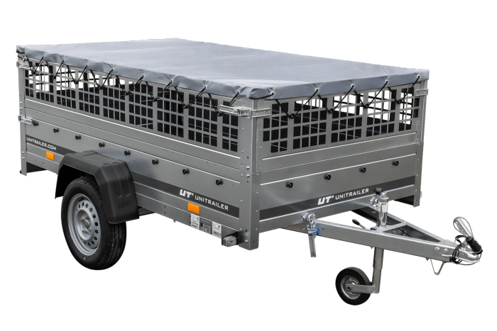 Remorcă ușoară pe arcuri 230x125 UNITRAILER GARDEN 230/R KIPP cu laterale din plasă, cadru H-0 și prelată gri