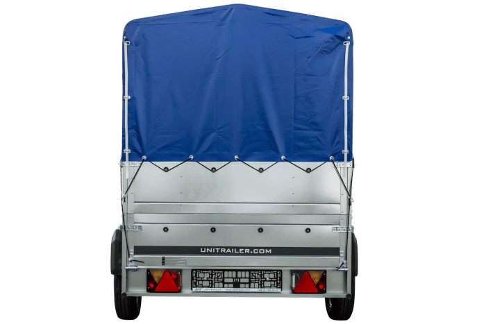 Remorcă cu o singură axă pe arcuri 230x125 UNITRAILER GARDEN 230/R KIPP cu laterale BIS, cadru H-800 și capac albastru