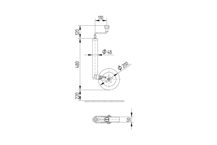 Roată jockey cu clemă KNOTT TK48+LB48 150kg 48mm 480-700mm